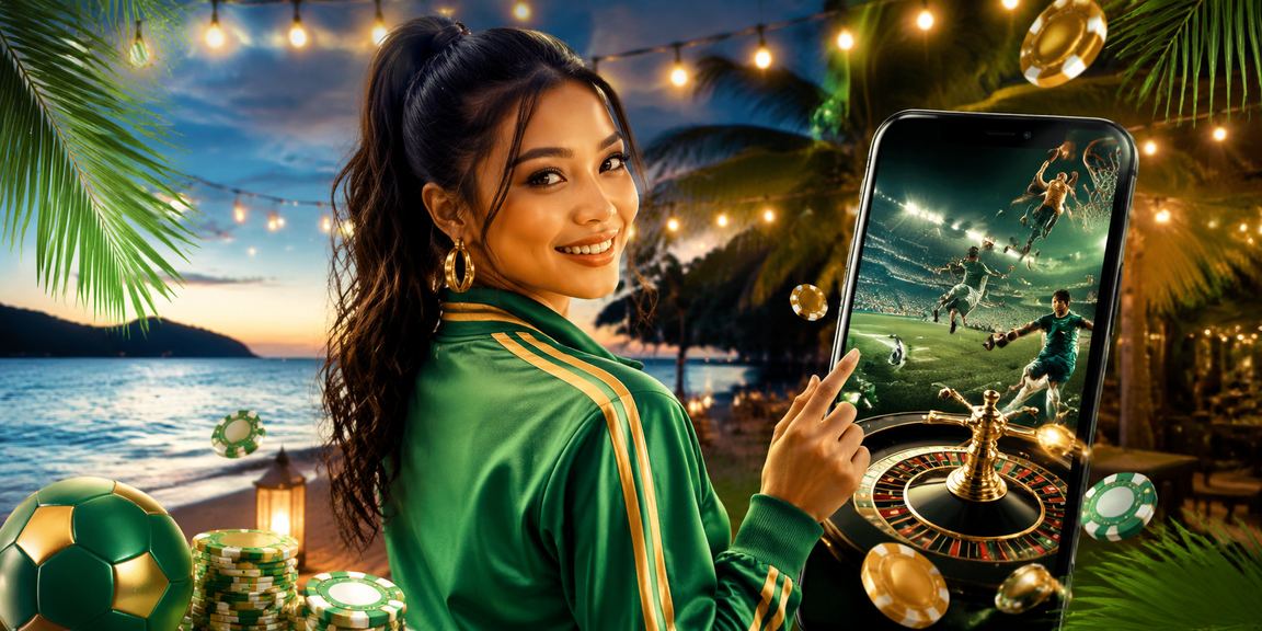 Pengguna mengakses kasino mobile di tepi pantai dengan ponsel Android