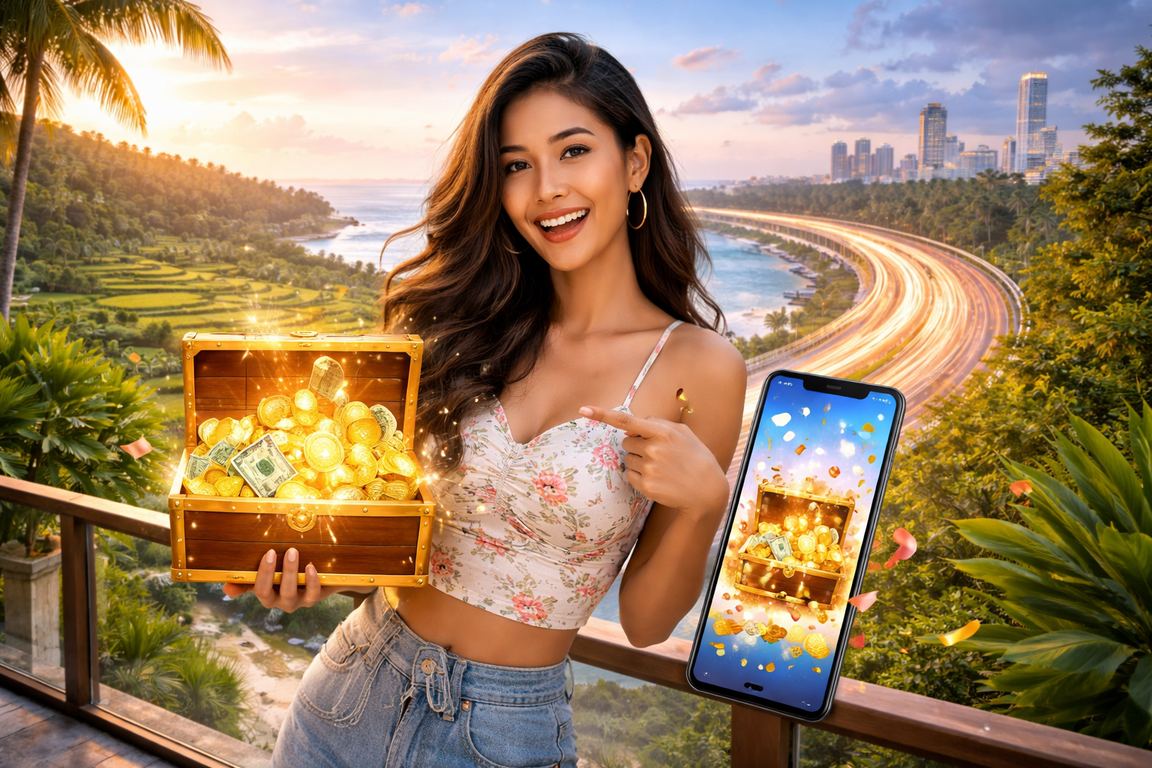 Pengguna mengakses kasino mobile di tepi pantai dengan suasana cerah dan santai