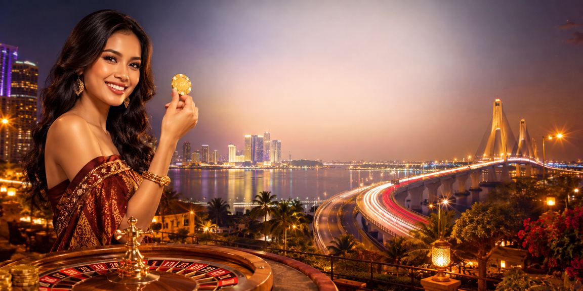 Meja roulette berkilau di pasar malam dengan suasana kasino hidup