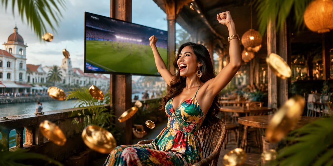 Pemain menikmati permainan slot sambil minum kopi di kafe modern yang nyaman