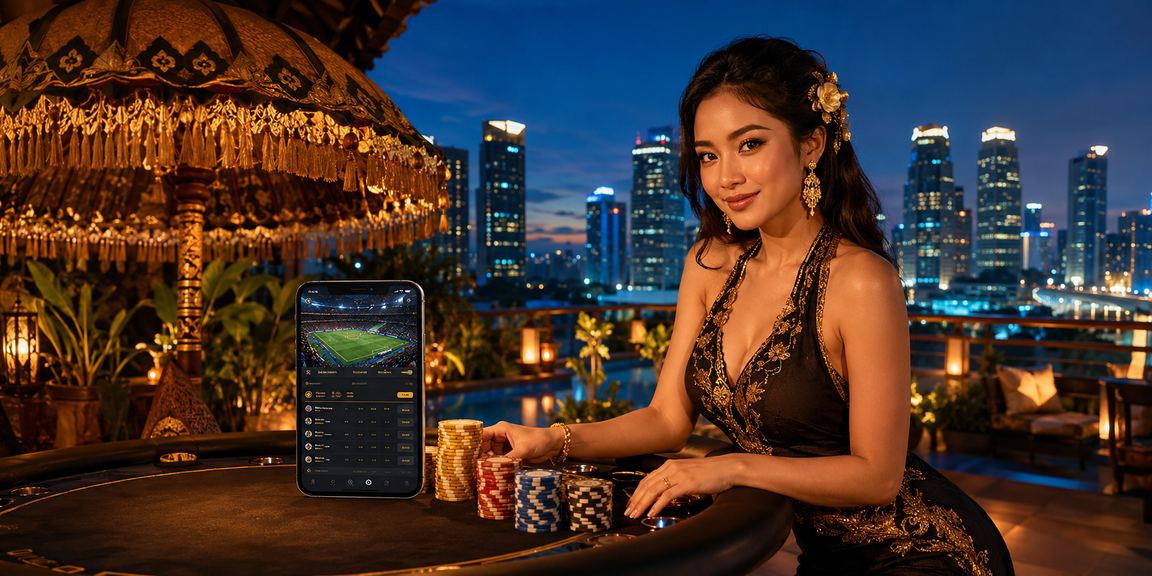 Perempuan tersenyum menikmati taruhan olahraga di ponsel dengan suasana dinamis